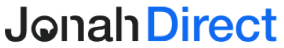 Logo with the words "Jonah Direct" in black and blue text, with a stylized "o" in "Jonah" featuring a downward arrow design.
