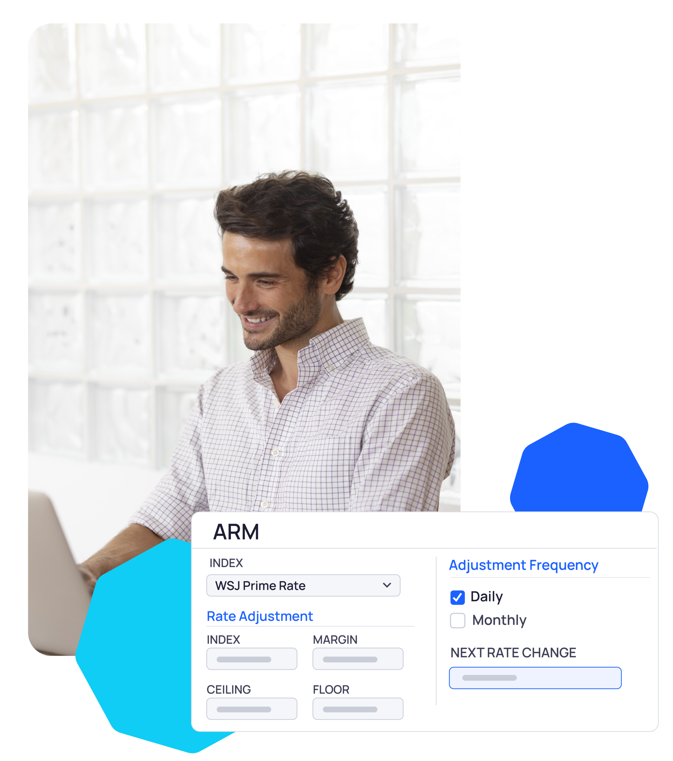 A man smiles at a laptop; in the foreground, an adjustable rate mortgage (ARM) interface displays rate options and adjustment frequency settings.