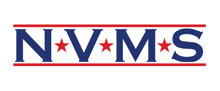 The image shows the acronym "NVMS" in blue letters with red stars between the letters, underlined and overlined with red lines, on a black background.