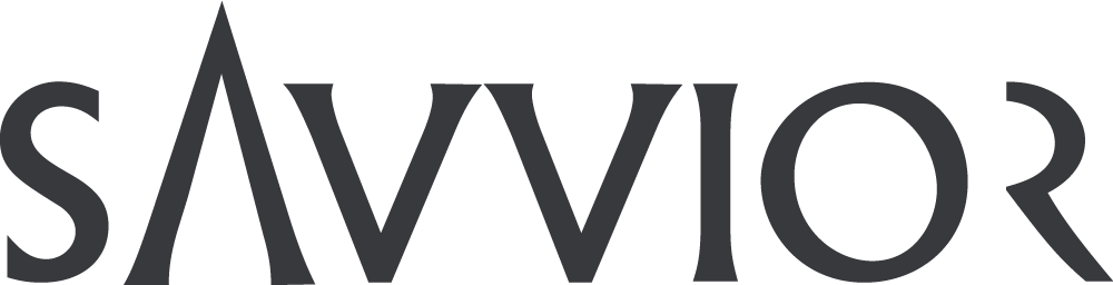 The word "SAVVIOR" is written in uppercase, stylized black letters on a light background, with the first "A" formed by an inverted "V".