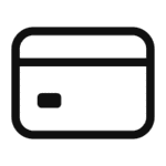 Simple black outline icon of a credit card on a light background, featuring a horizontal stripe and a small rectangle on the left side.