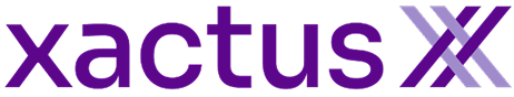 The word "xactus" in bold purple lowercase letters, followed by two overlapping stylized "X" shapes in lighter purple shades.