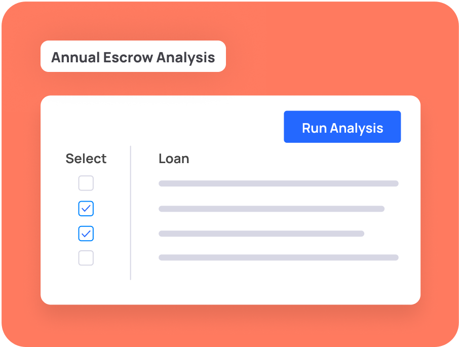 A digital interface titled "Annual Escrow Analysis" with selectable checkboxes, loan information lines, and a blue "Run Analysis" button.