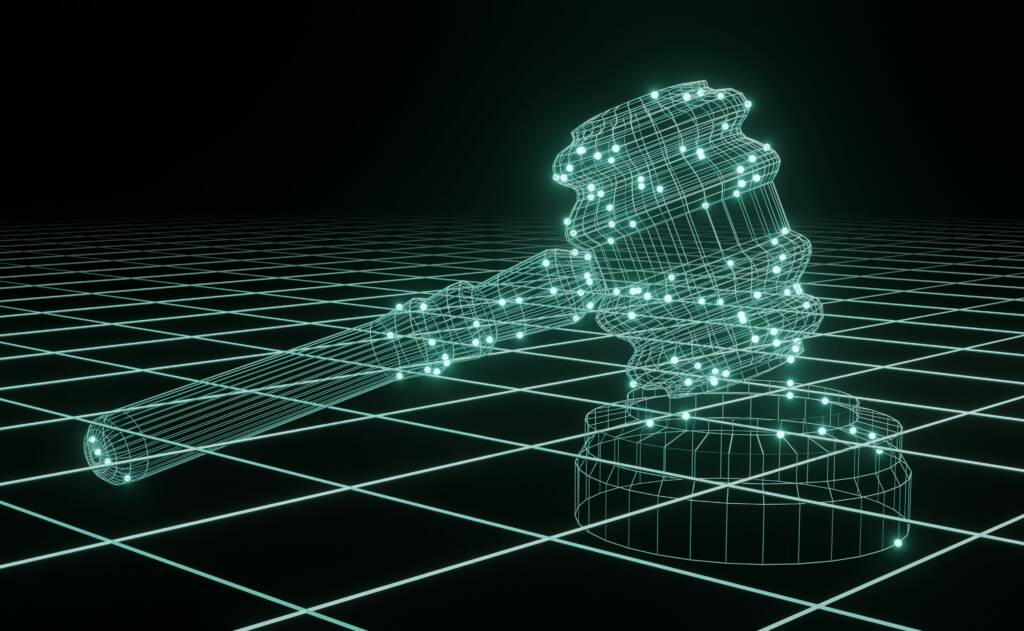 A digital wireframe illustration of a judge's gavel and sound block, set against a grid-patterned background with glowing points.