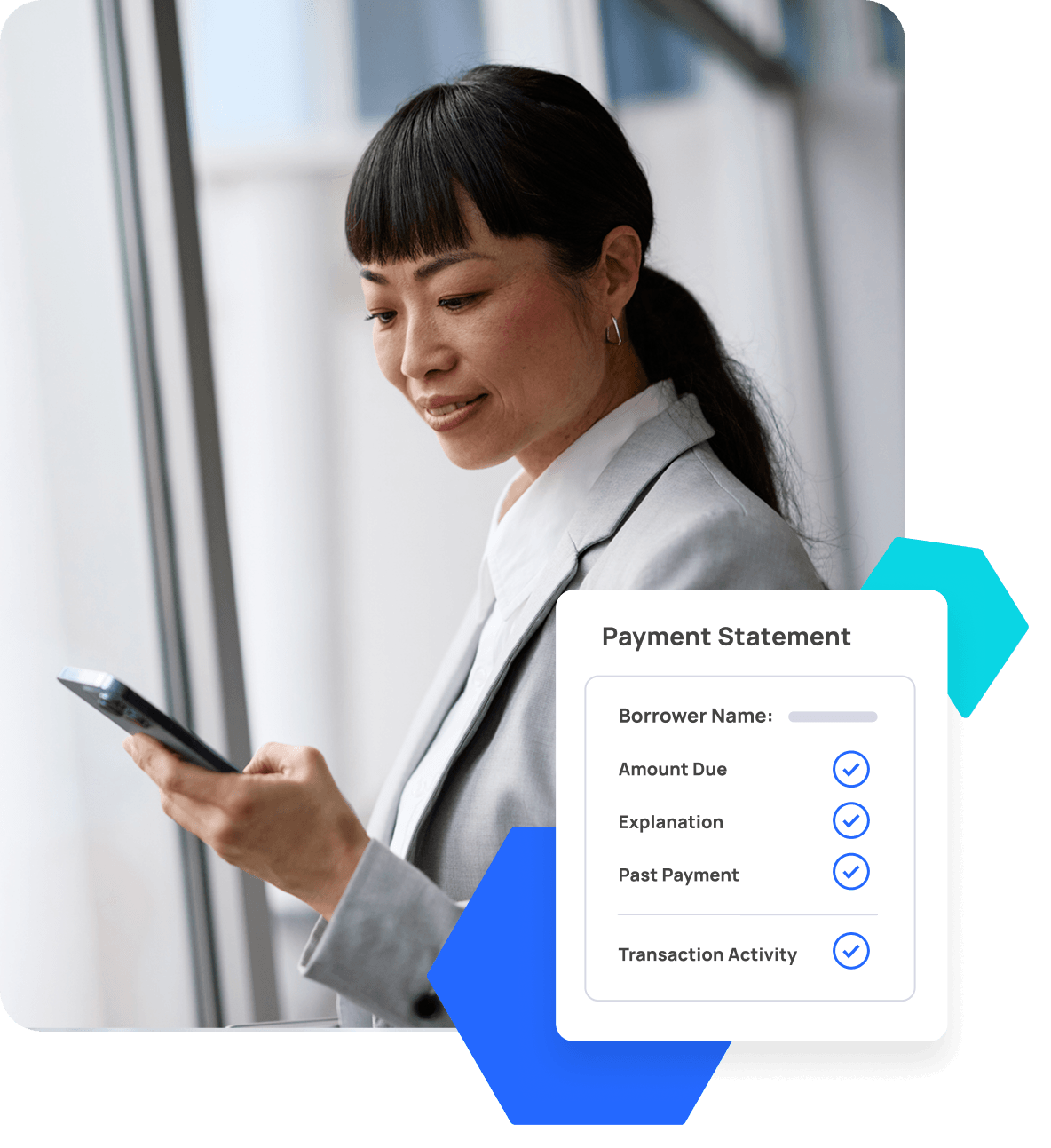 A woman in business attire looks at her smartphone; a graphic overlay displays a payment statement checklist with items such as amount due and past payment.
