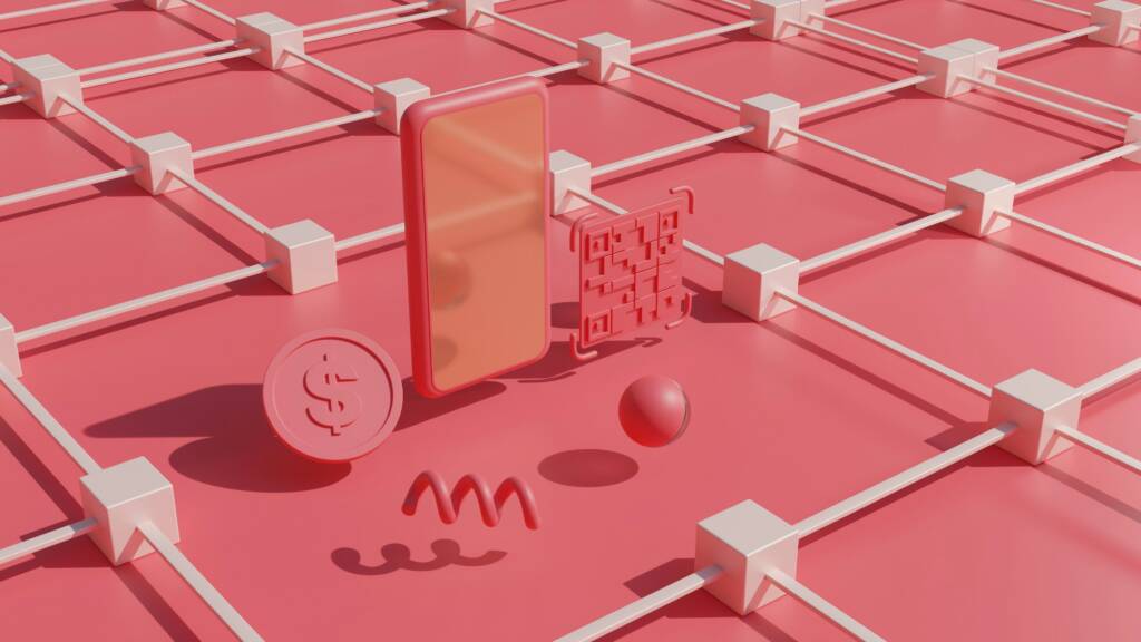 A 3D illustration of a smartphone, a coin with a dollar sign, a QR code, and abstract shapes on a pink geometric grid background.