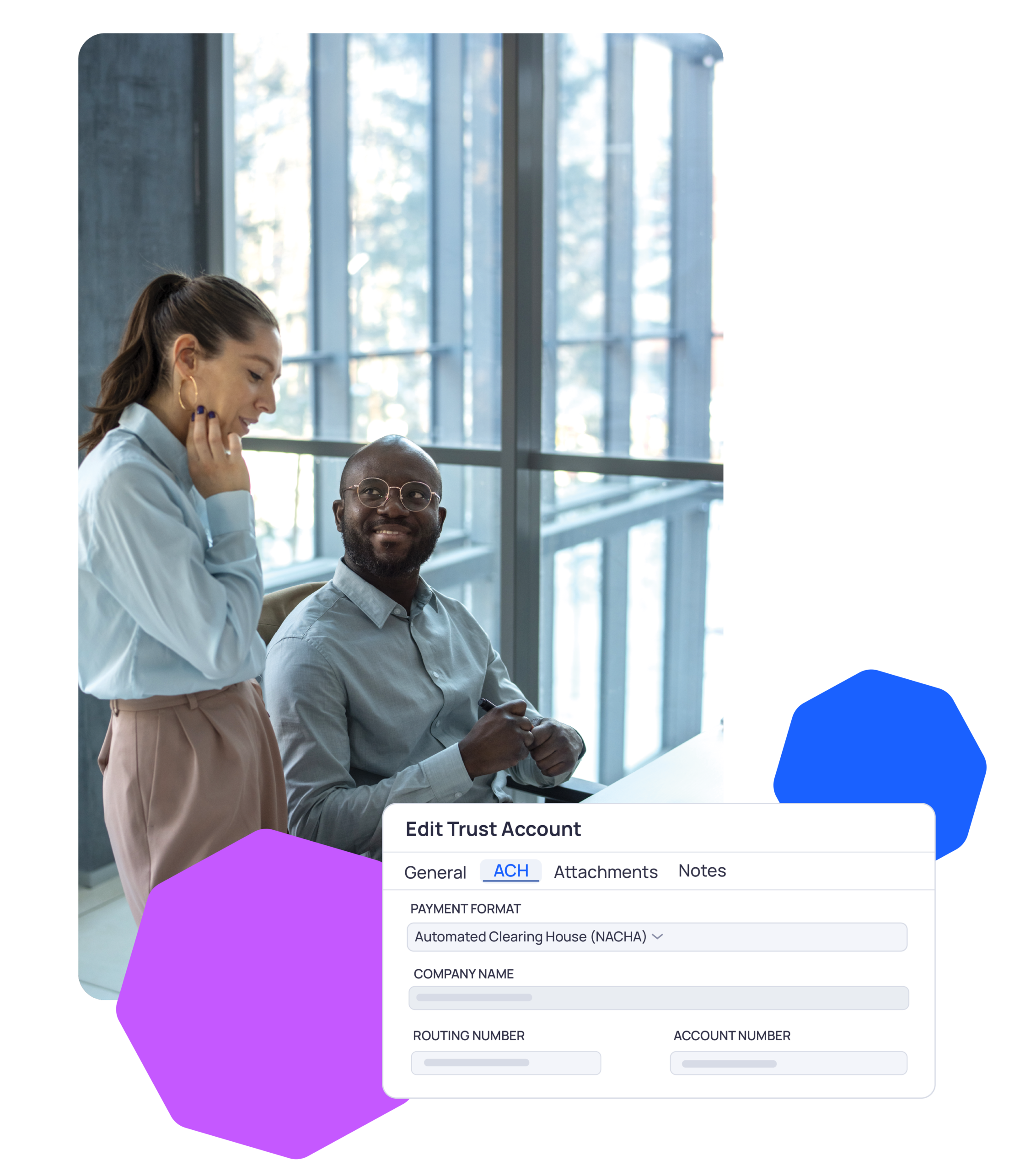 A woman stands next to a seated man in an office; overlaid is an Edit Trust Account form with fields for ACH payment details.