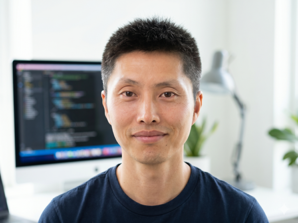 A person with short black hair smiles softly, sitting in front of a computer monitor displaying code in a bright, modern home office.