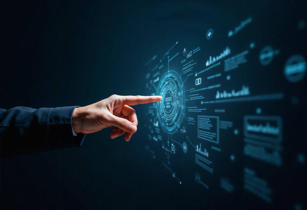 A person's hand points at a glowing digital interface with circular icons and data visualizations.