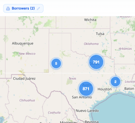 A map showing borrower clusters in Texas and New Mexico, with 871 near Austin, 791 in Oklahoma, 5 in New Mexico, and 2 near Houston.
