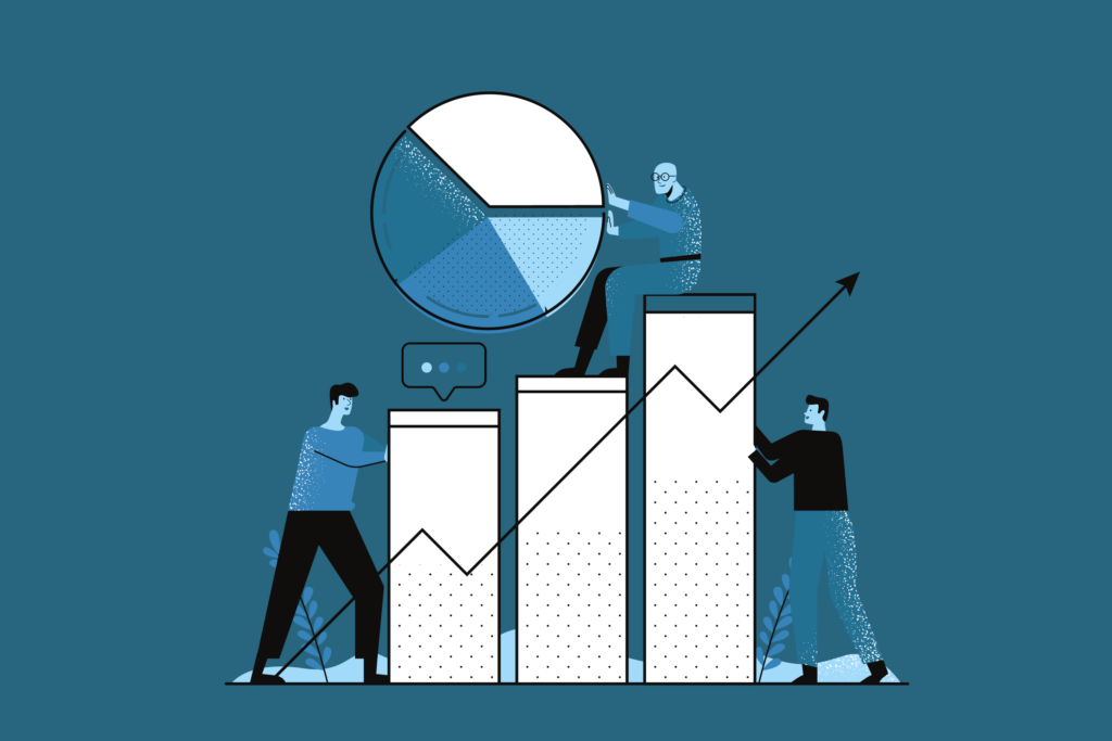 Three people interact with bar graphs and a pie chart, illustrating data analysis and growth, with an upward arrow indicating positive business or financial trends.